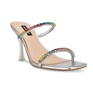 NINE WEST | Silver Rainbow Rhinestone Open Toe Heels Size 9 🌈